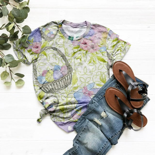EIMELI Femmes Décontracté Été Pâques Drôle Chick Bunny Imprimé Manches Courtes Col Rond T-Shirt T-Shirts pour Femmes Vert G
