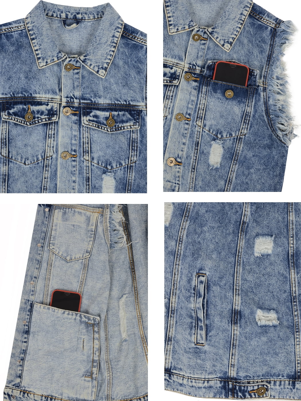 Womens Oversized Distressed Sleeveless Denim Vest Pockets Jean Jacket