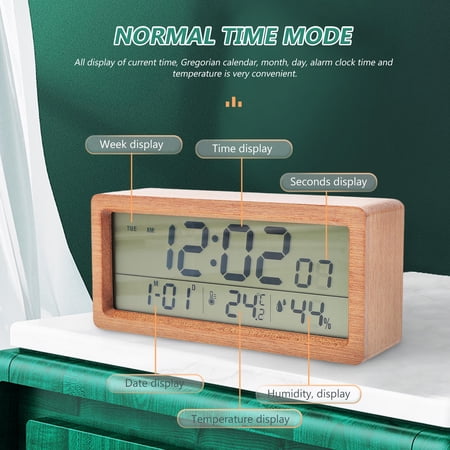 OULII Wooden Electronic Alarm Clock with Temperature and Humidity Display for Home Desktop in Brown