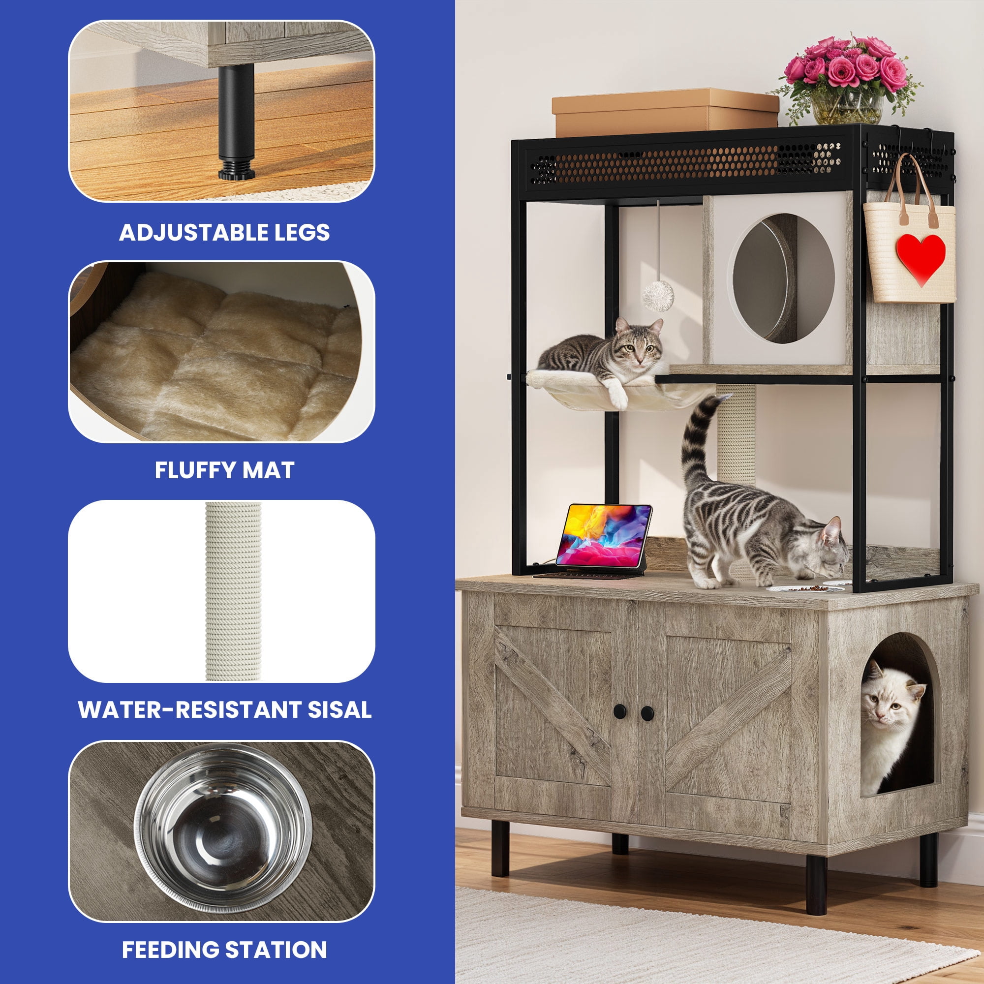 Uforic Cat Litter Box Enclosure, Large Indoor Hidden Wooden Cat Furniture with Shelves & USB & Type-C Outlets, Gray