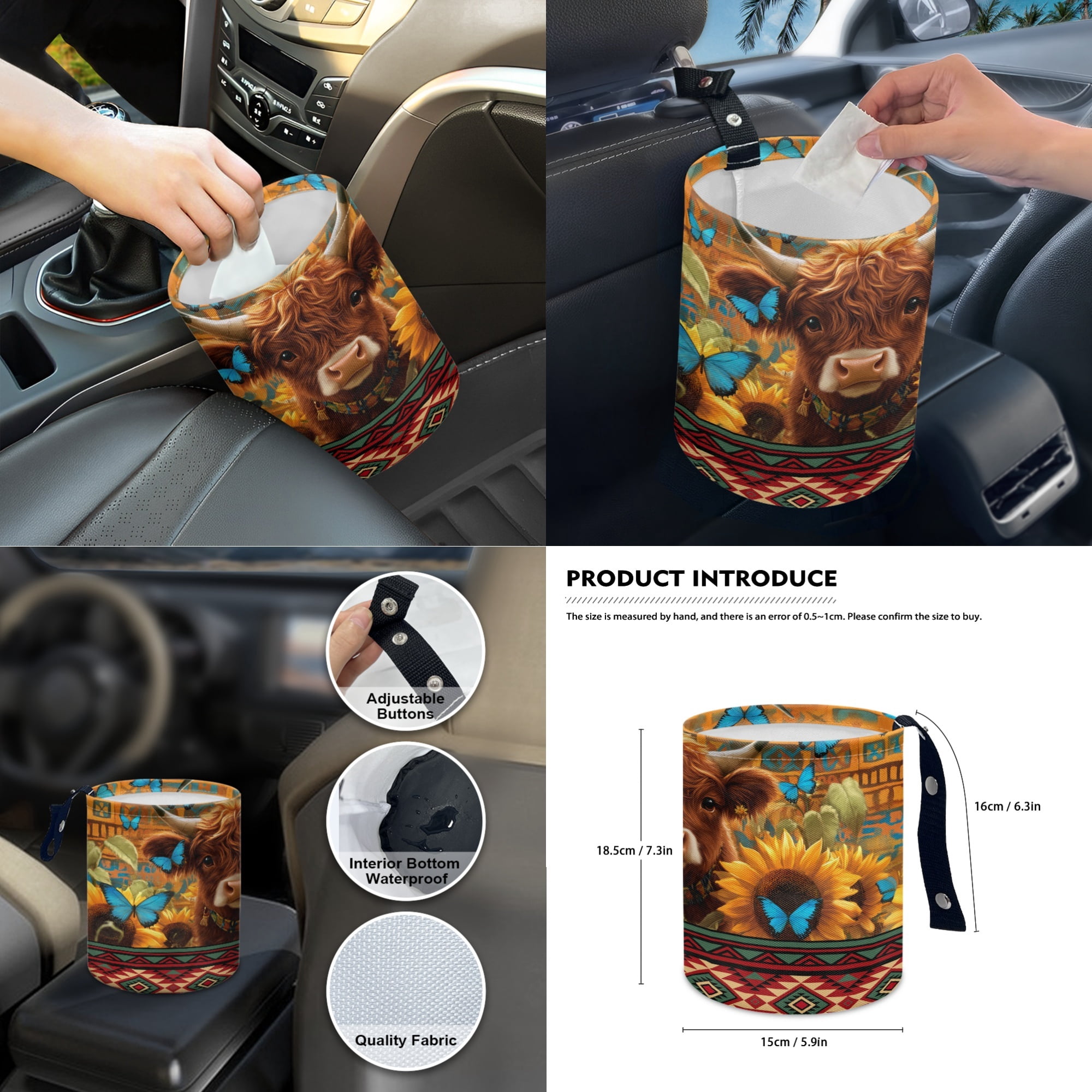 Renewold American Tribal Highland Cow 14 Pack Car Accessories, Auto Seat Protector Steering Wheel Cover Seatbelt Strap Pad Trash Can Armrest Pad Cup Holders Rearview Mirror Handbrake Cover Set