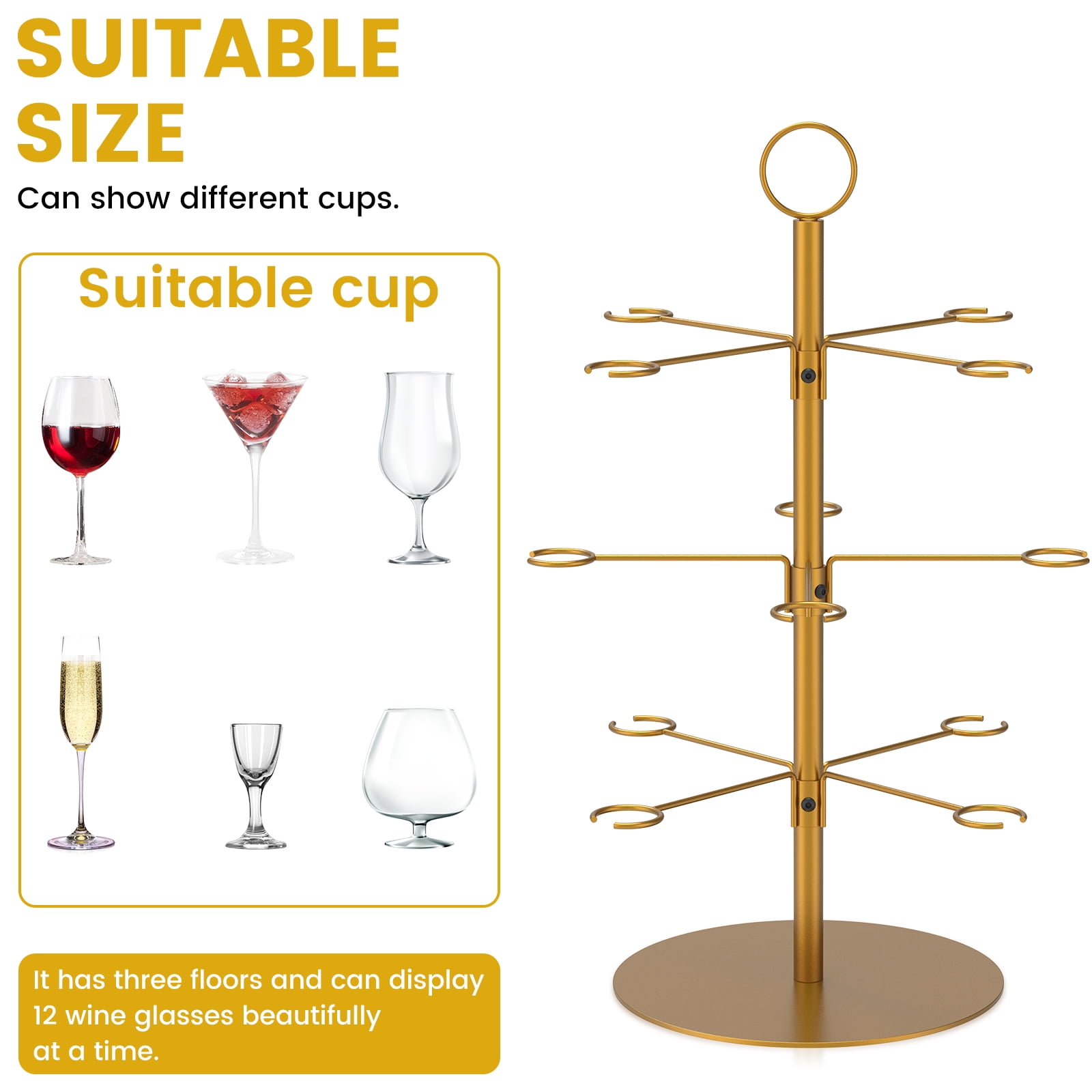 Champagne Tower Stand 3-Tier 12 Glass Holder - Gold Metal Cocktail Tree For Wedding & Party