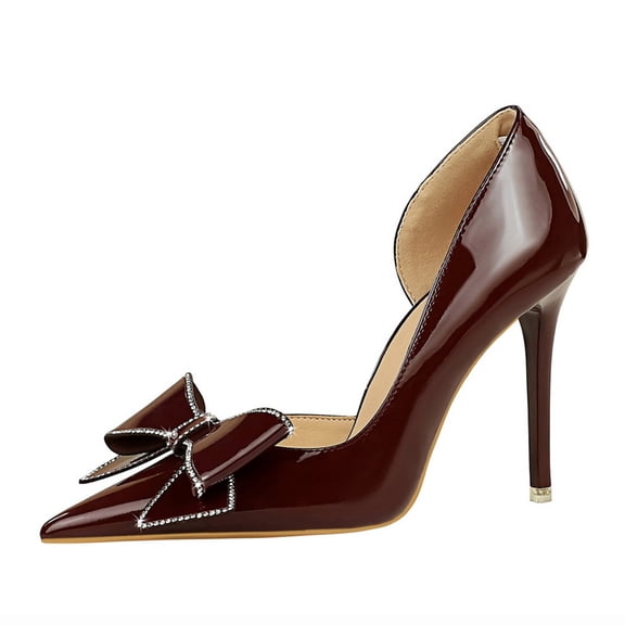 Women Pointed Toe High Heels Stiletto Pumps Sexy Side Cut-Out Rhinestones Bow 10.5cm Wedding Party
