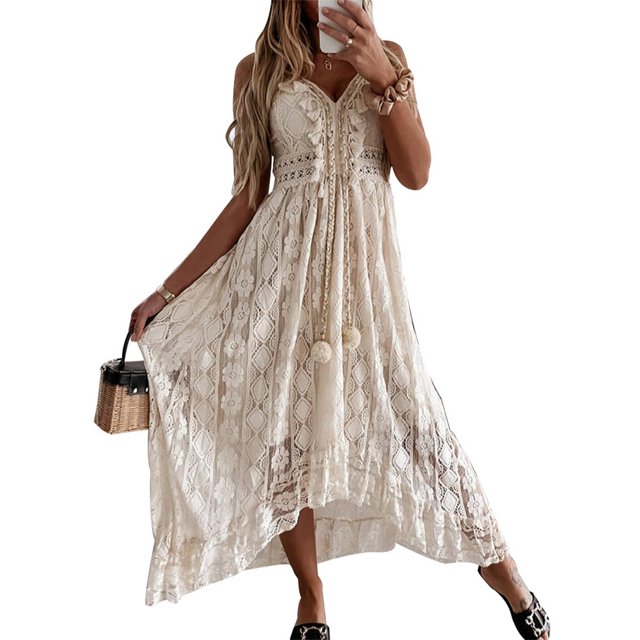 Vestido bohemio para mujer con encaje y cuello en V profundo, vestidos largos largos y fluidos para verano y playa