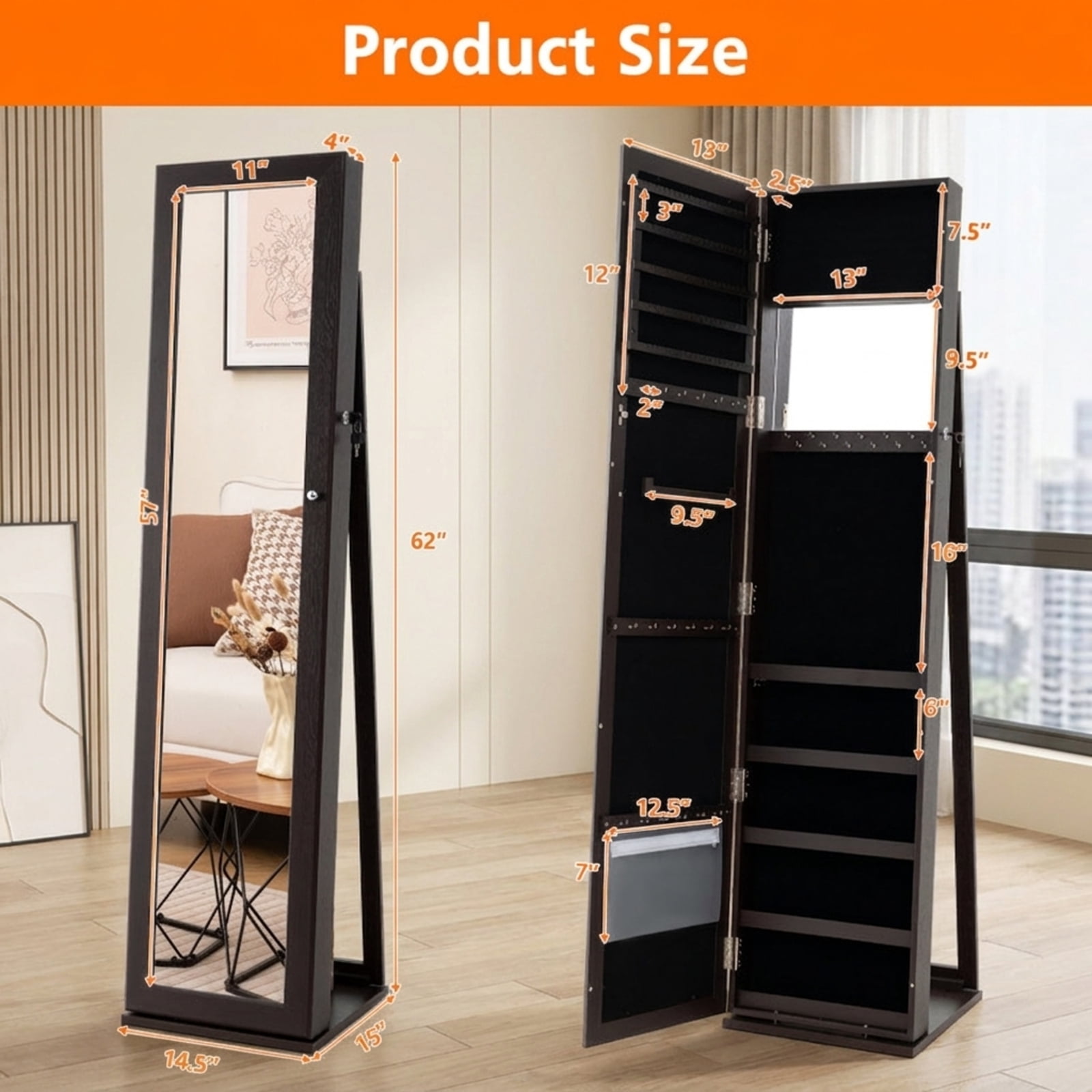 Furnibear Standing Lockable Jewelry Storage Organizer with Full-Length Mirror for Bedroom Dressing Room Jewelry Necklace Rings Storage Mirror, Coffee