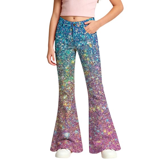 LIIPEE Girls Flared Pants Fashion Bright Sequins Print Comfort Waist Loose Pants With Pockets Kids Casual Comfortable Daily Trousers,7-8 Years