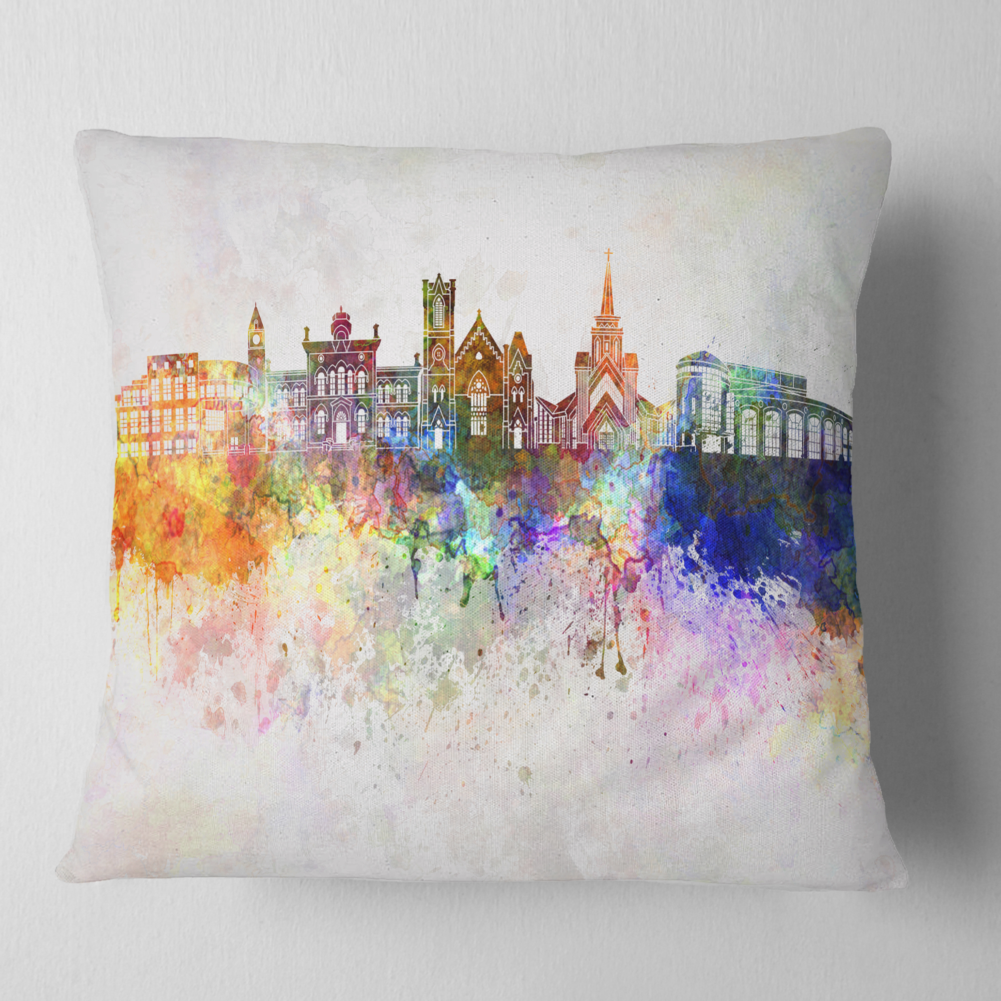 Designart Colorful Brampton Skyline - Cityscape Painting Throw Pillow - 18x18