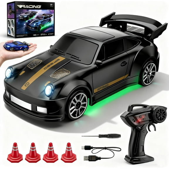 2.4GHz Stunt Drifting RC Toys,Mini RC Drift Car 1/64 Skid Boiz Remote Control Car with LED Lights & 2-Speed Modes, with 4 Obstacles(Black-A 1 PCS)