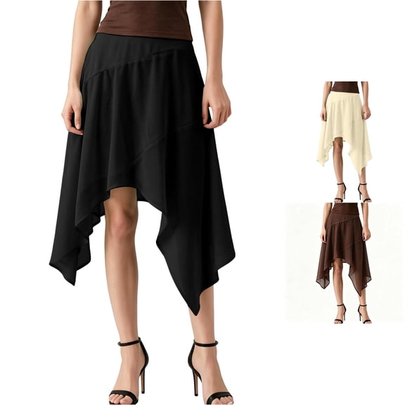 Wxolcjlv Women's Solid Asymmetrical Handkerchief Hem Midi Skirt Elastic Waist Flowy Midi Skirts