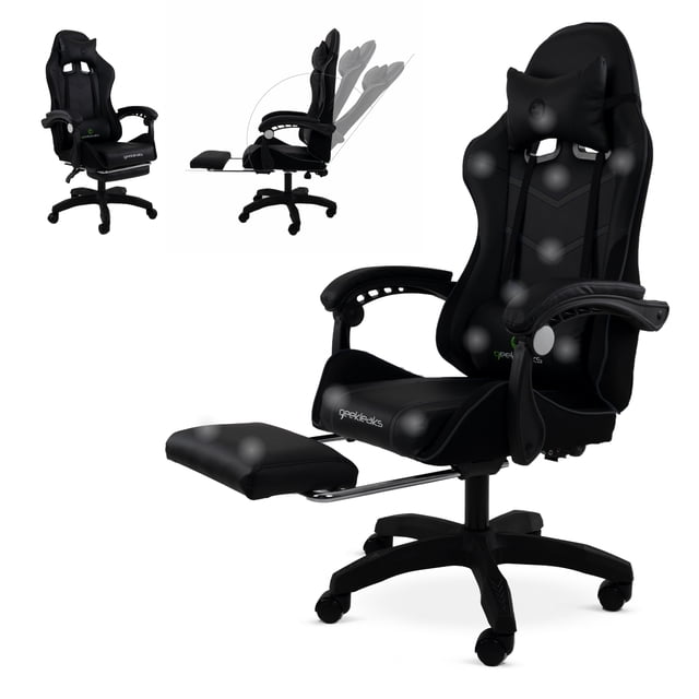 silla gamer ergonomica geekleaks reclinable altura ajustable soporte lumbar reposa pies negro gngc01 silla negra con respaldo alto tipo cubo y cojín lumbar con masaje; apoyabrazos curvados, pistón hidráulico para ajuste de altura y base de cinco ruedas. Se muestra reposapiés extensible y el respaldo en posición reclinada en vista perfil; a menudo se usa también como silla de estudio para sesiones largas.