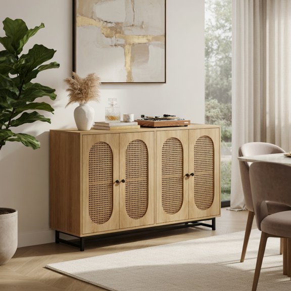 Demi Bonn 50" Rattan Buffet Sideboard,4-Door Adjustable Shelves,Anti-Tip Metal Legs,Natural