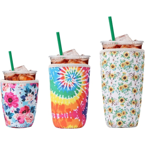 3 count Insulated Neoprene Iced Coffee Cold Soda Cup Sleeve | Colorful 16-32Oz Cup Holder Can Cooler Cold Iced Drinks for Beverages Gifts for Families