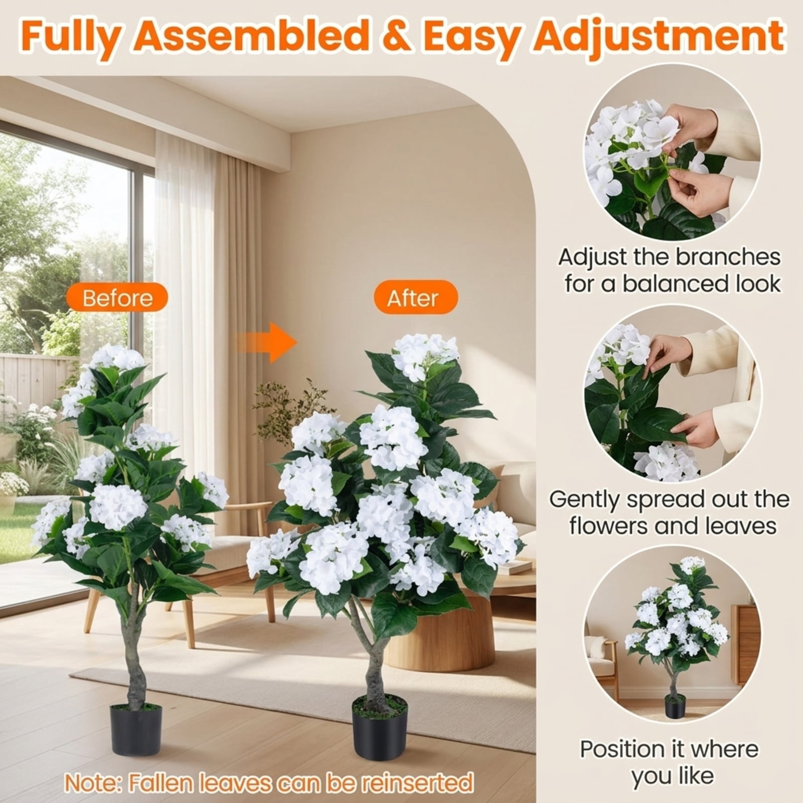 SUGIFT Artificial Hydrangea Tree with 11 White Flowers, Faux Floral Plant with Cement Pot and Silk Blooms for Indoor Living Room Bedroom Decor, White