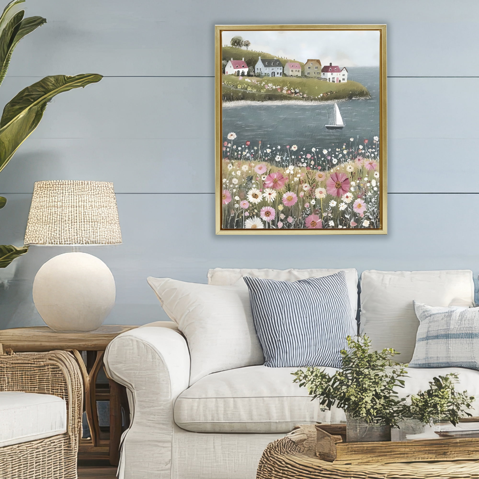 Stupell Industries Pink Meadow & Sailboats Gold Framed Floater Canvas Wall Art, design by Riley B