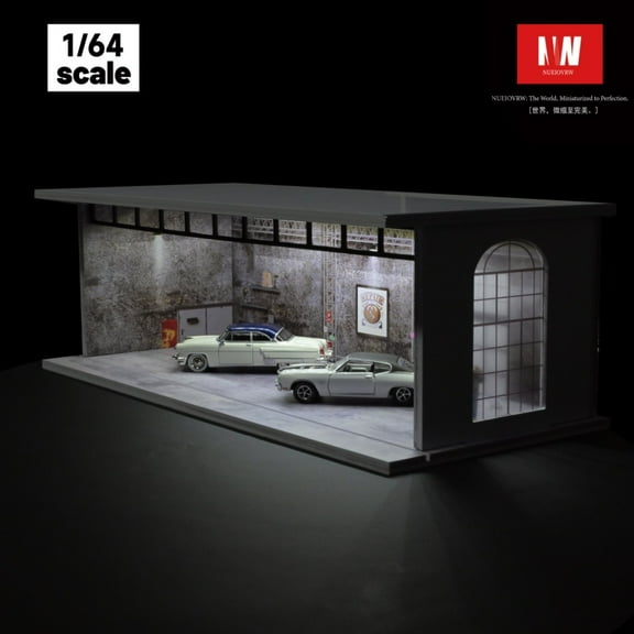 1:64 scale Diorama car Garage Model with 3-color model LED Lighting, Die-cast Car Parking Lot Model Display Box, Side Windows, Vintage industrial Scene model toys, 11.9*5.3*3.94 inches