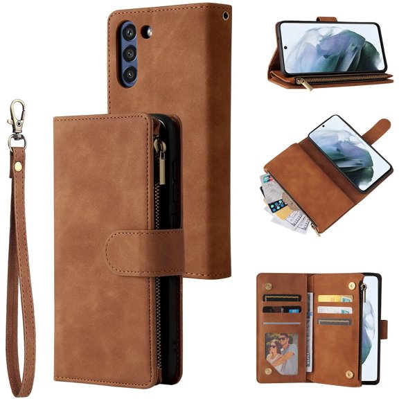 Wallet Case for Samsung Galaxy S21 FE, Premium Vintage PU Leather Magnetic Closure Handbag Zipper Pocket Case Kickstand Card Holder Slots with Wrist Strap TPU Shockproof Flip Case - Brown