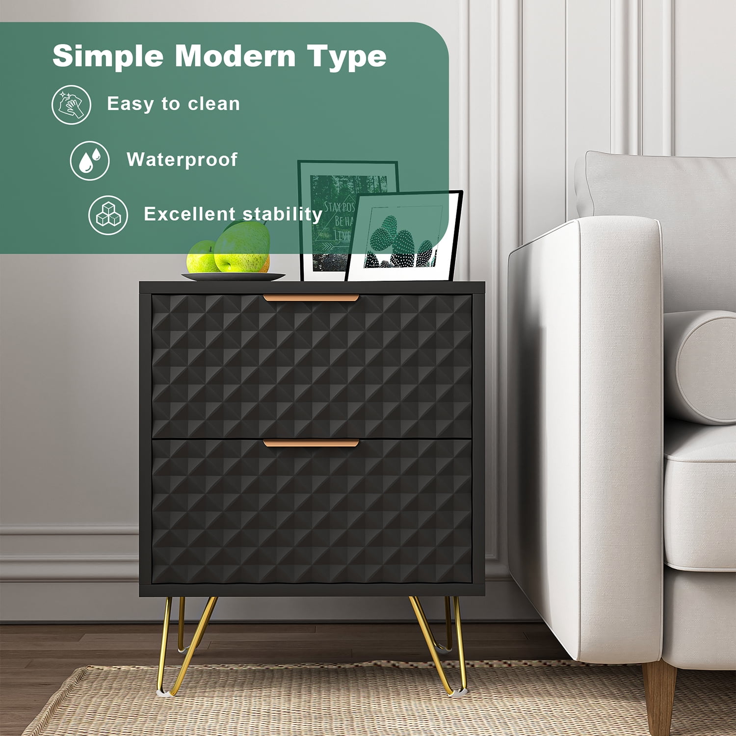 Kepooman Nightstand, Set of 2 Nightstand Side Table End Table, Wood Bedside Tables with 2 Drawers for Bedroom, Black
