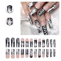 RAGUPEL 24Pcs Glue on Nails for Women,Hand-Painted Pattern Nail Tips Square,Dark Style Long Nails,Nails Press on for Party,Daily Life,Taking Pictures,Dating,Style3