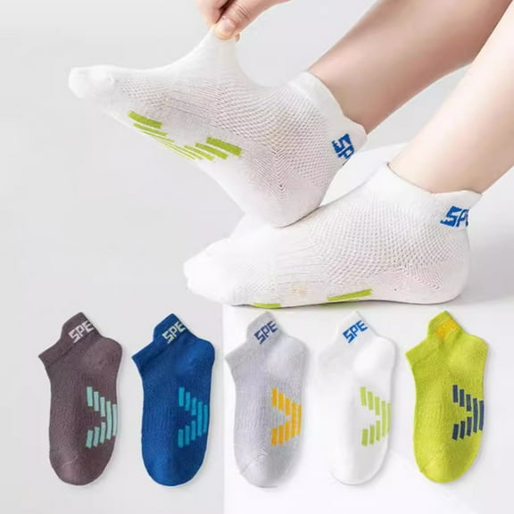 Tfken Socks For Boys Child Letter Print Ankle Tube 5 Pairs Mesh White Breathable Size 6-8 Years