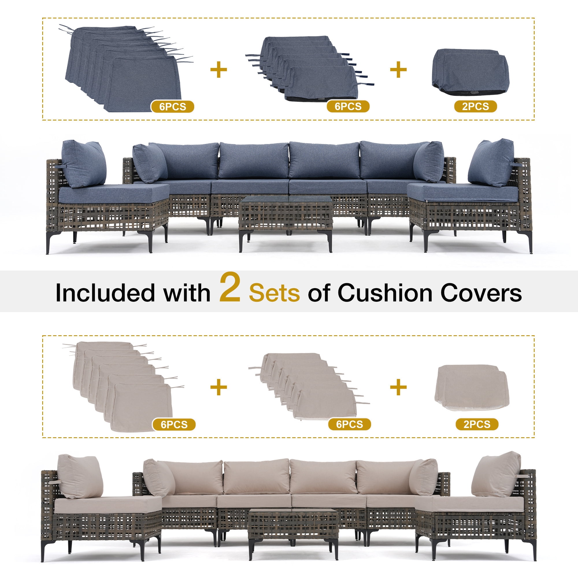 JOIVI 7 Pieces Patio Furniture Set, Outdoor Sectional Sofa Set with Cushion and Coffee Table, 7-Piece PE Rattan Conversation Set for Deck, Porch, Backyard, Denim Blue