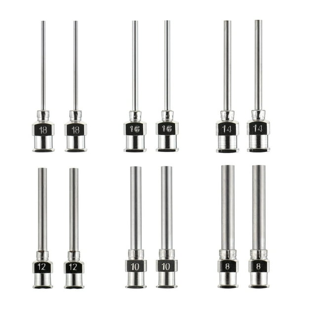 12 agujas dispensadoras de acero inoxidable de 1 pulgada con punta roma y cierre Luer (calibres 8, 10, 12, 14, 16 y 18)