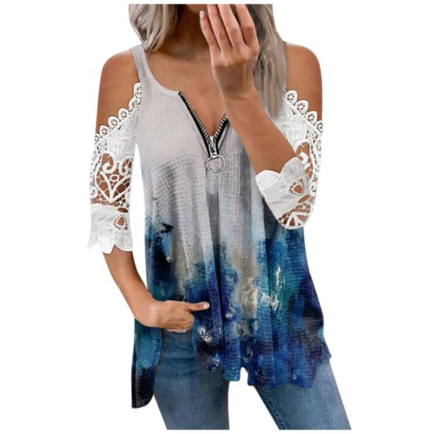 Elegante mujer casual cremallera cuello impresión blusa encaje manga corta camiseta verano Tops OAVQHLG3B Store lin121212