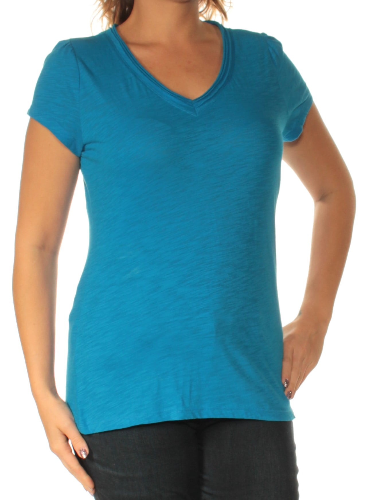 INC INC Womens Blue Cap Sleeve V Neck Top Size L