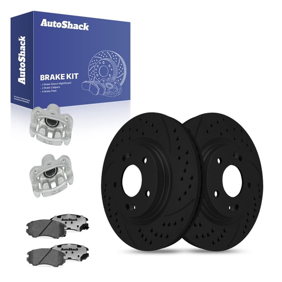 AutoShack Front Vented Drilled & Slotted E-Coated Brake Rotors Black Finish   Ceramic Pads   Calipers 8-PC Brake Kit Replacement for 2005-2009 Kia Sportage NightGuard 11.02" (280 mm)
