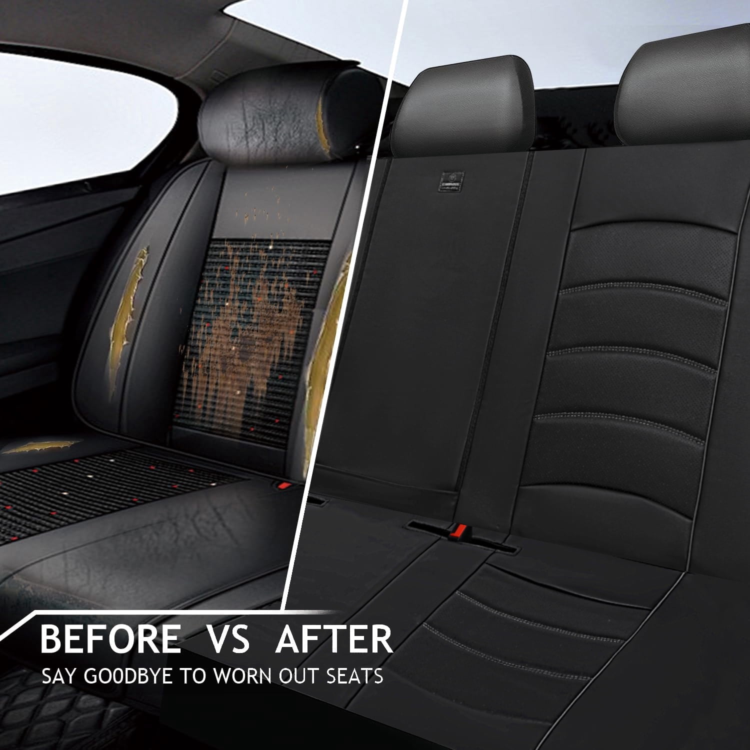 CAR GRAND Comfortable  3D Foam Leather Back Seat Covers, Waterprooof Zipper Split Rear Bench Seat Protectors Universal Fit for Automotive Interior Covers for Car Sedan SUV  All Black