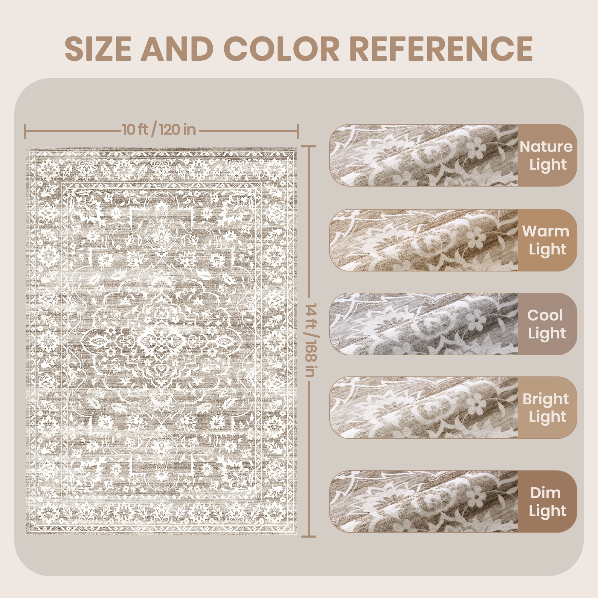 Roxstand 10x14 Area Rugs for Living Room, Stain Resistant Floral Vintage Washable Rugs, Non-Slip Thin Farmhouse Brown Rugs(10'x14', Brown)