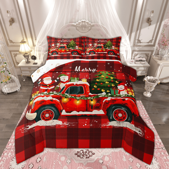 Manfei Cartoon Xmas Truck Bedding Comforter Set, Santa Claus Tree Snowman Twin Comforter Sets, Red Black Plaid Chekcered Bedding Set, Breathable Home Decor, Reversible 2pcs
