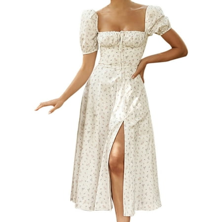 

Catinbow Puff Sleeves Long Dress High Split Sexy Retro French Dress