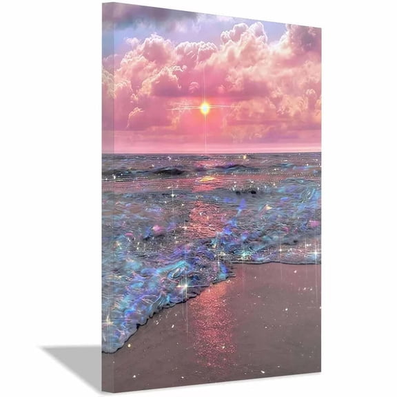 Pink Sunset Ocean Sparkle Canvas Wall Art,Modern Beach Prints Painting,Minimalist Aesthetic Decor for Living Room Bedroom Bathroom Home Decor,Framed Ready to Hang-12"L x 8"W