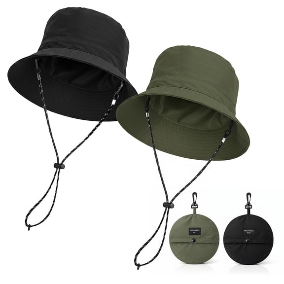 Bocaoying 2 Pack Unisex Waterproof Bucket Hats for Men Women, UPF 40 , Packable Outdoor Sun Hat, Black & Green