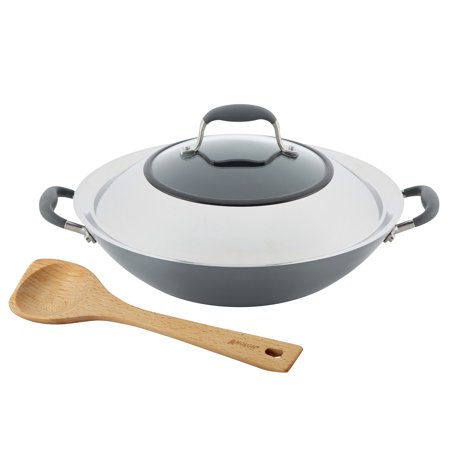 Anolon Advanced Home Hard-Anodized Nonstick Wok with Side Handles  Lid and Wooden Spoon  14-Inch  Moonstone