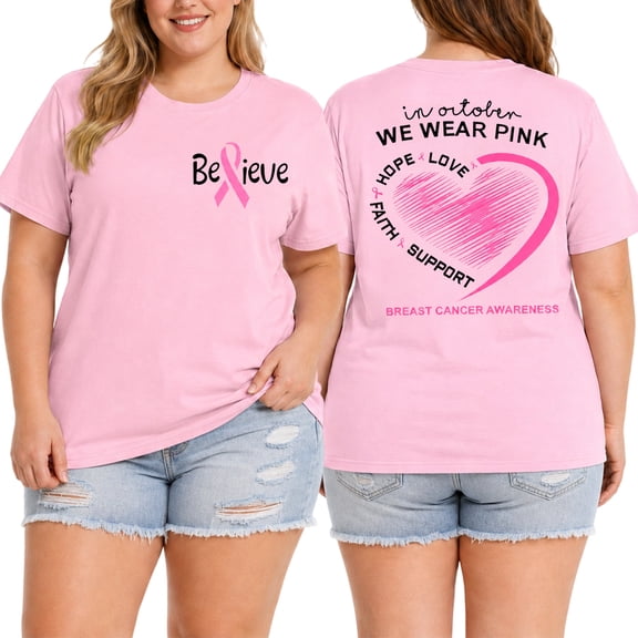 DEXIO Breast Cancer Plus Size Shirts for Women Ribbon In October We Wear Graphic T-Shirt Short Sleeve Awareness Tops Light Pink 3X