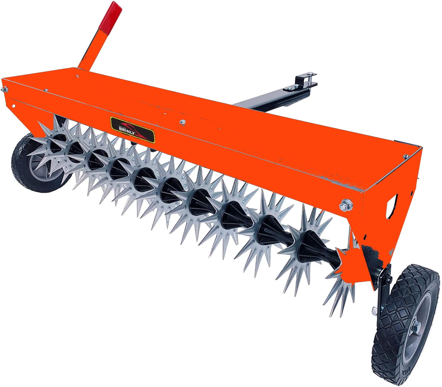 Rugerasy 40Inch Tow Behind Aerator,Tow Behind Plug Aerator with Transport Wheels,Steel Teeth,Tray,Pull Behind Aerator with Adjustable Handle for Farm,Garden,Orange