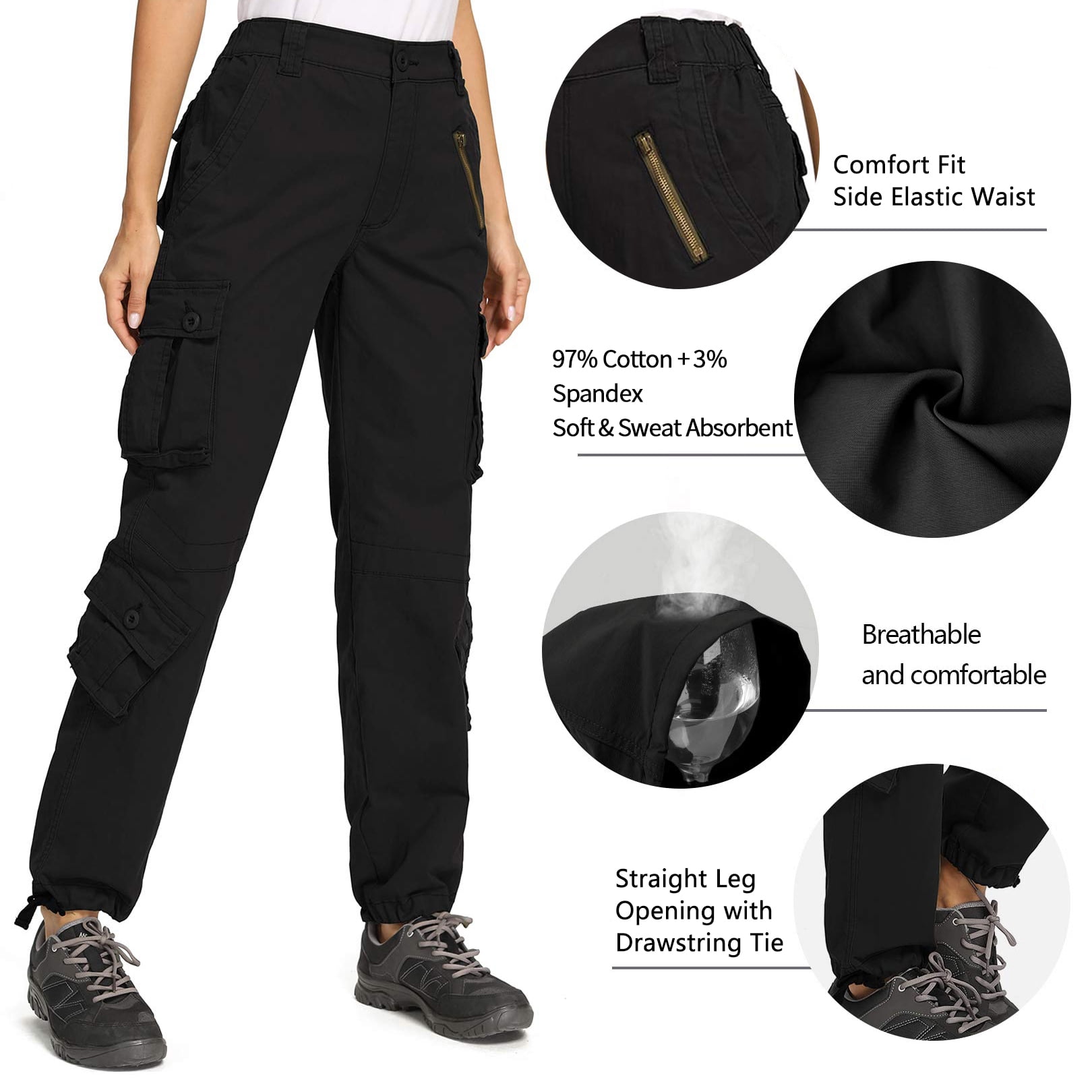 TRGPSG Women's Cargo Pants with 8 Pockets Cotton Casual Work Pants Y2k Camo Cargo Pants(No Belt),Black 14