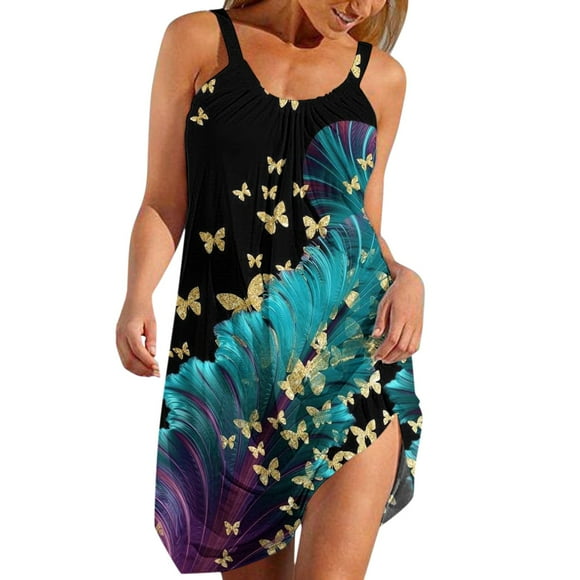 TJAZFJPA 1920S Dresses for Women Womens Summer Dress Print Crewneck Sleeveless Swing Dress Casual Comfy Boho Beach Dresses New Years Eve Dress for Women Shapewear Dress