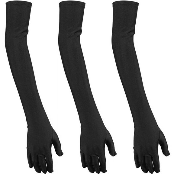 3 Pair Lady Satin Gloves Formal Festival Long Black