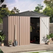 YODOLLA 8 x 6 ft. Outdoor Metal Storage Shed with Lockable Door for Garden Tools in Brown