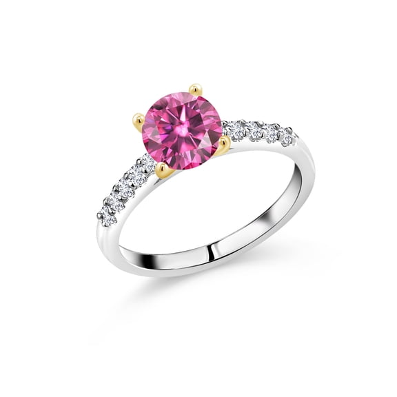 Gem Stone King 925 Sterling Silver and 10K Yellow Gold Pink Moissanite and White Lab Grown Diamond Engagement Ring for Women (1.40 Cttw, Round 7MM, Size 5)