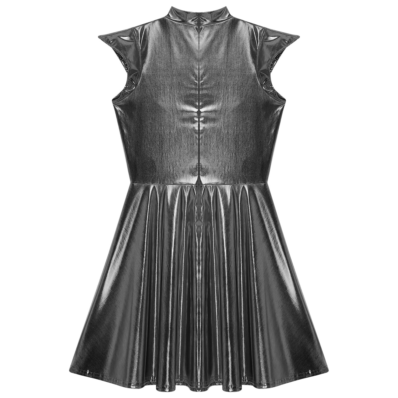 iiniim Women Shiny Metallic Holographic High Waisted Flare Skater Dress Carnival Party Grey S