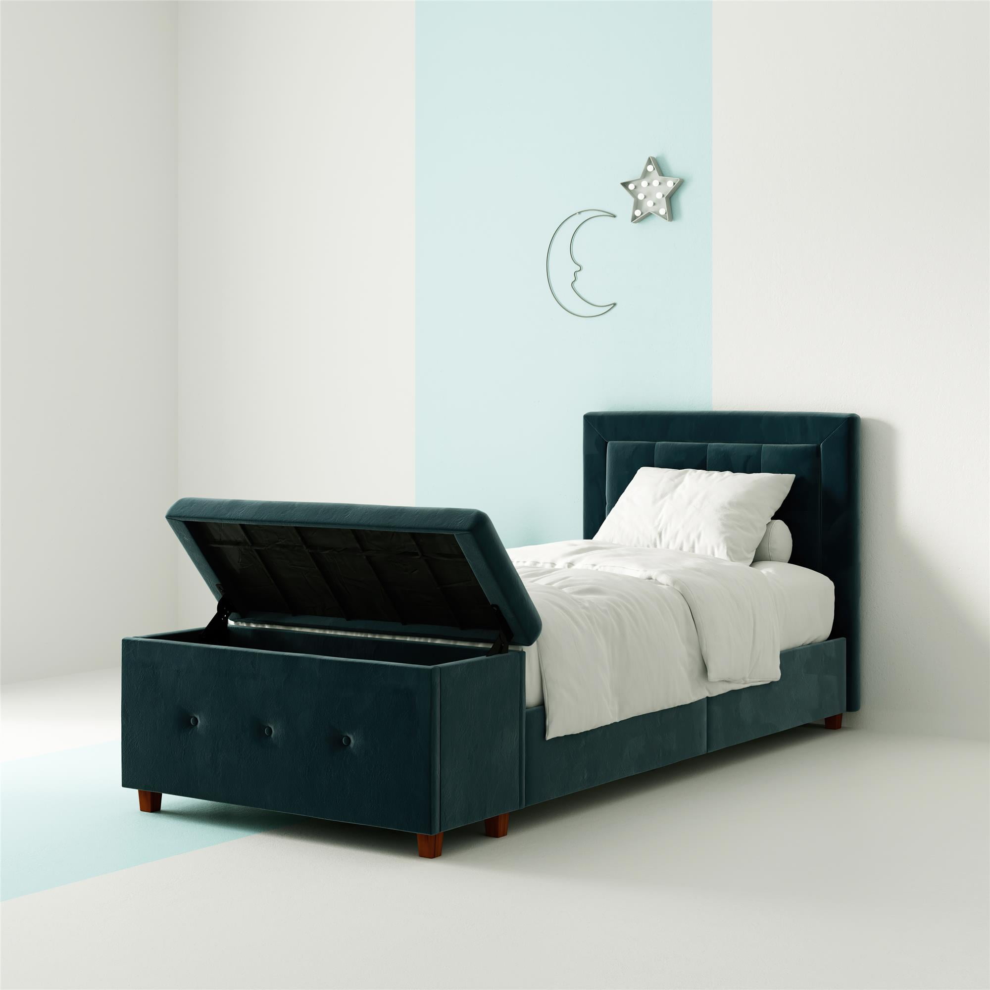 DHP Drew Upholstered Bed with Storage Chest, Twin Size, Blue Velvet