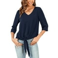 thumbnail image 4 of Uvplove Chiffon Blouses for Women V Neck Tie Front 3/4 Sleeve Tops Business Casual Office Work Loose Top Shirts,Navy_Blue,L, 4 of 12
