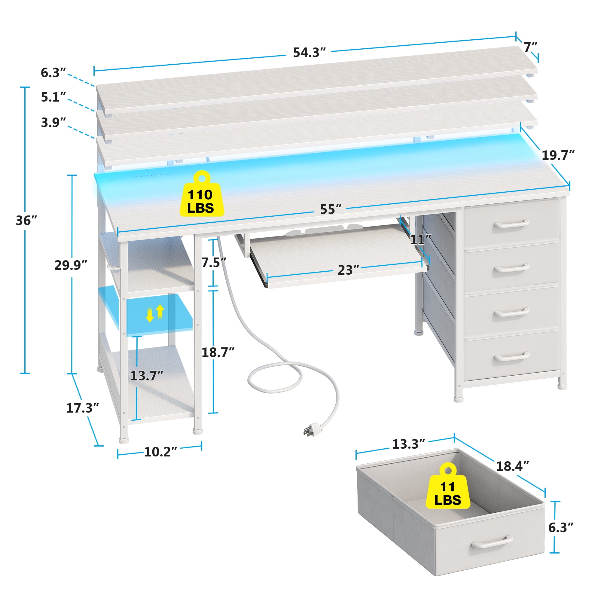 55 Inch Office Desk with Power Outlet and Adjustable Monitor Stand, Computer Desk with Fabric Drawer and Keyboard Tray, Gaming Desk with LED Light & PC Stand, Table for Bedroom with USB Ports, White