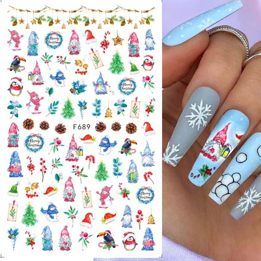LINLIN Christmas Nail Art Stickers Decals 10 Sheet Self Adhesive Gnome Santa Claus Reindeer Snowflake Christmas Tree Nail Sticker Design Nail Decoration for Women Girls