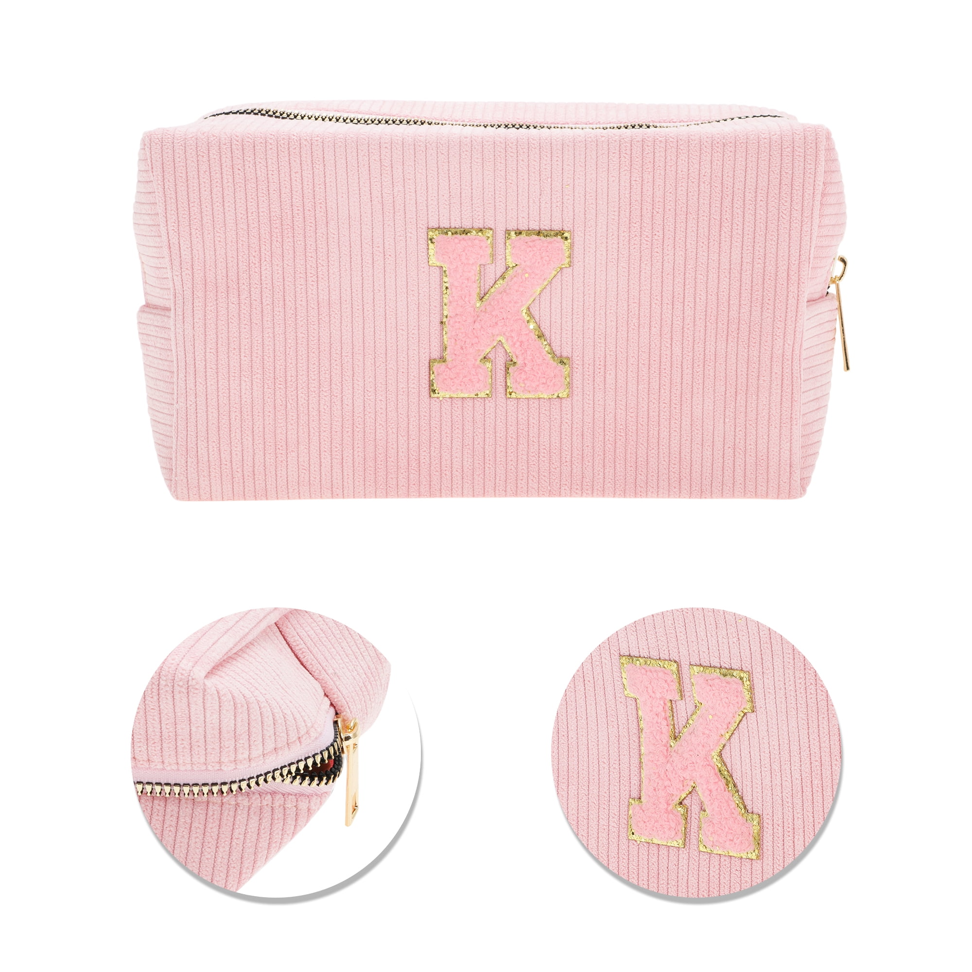 Unique Bargains 1 Pc Corduroy Rectangular Letter Makeup Bag Pink [Letter K]