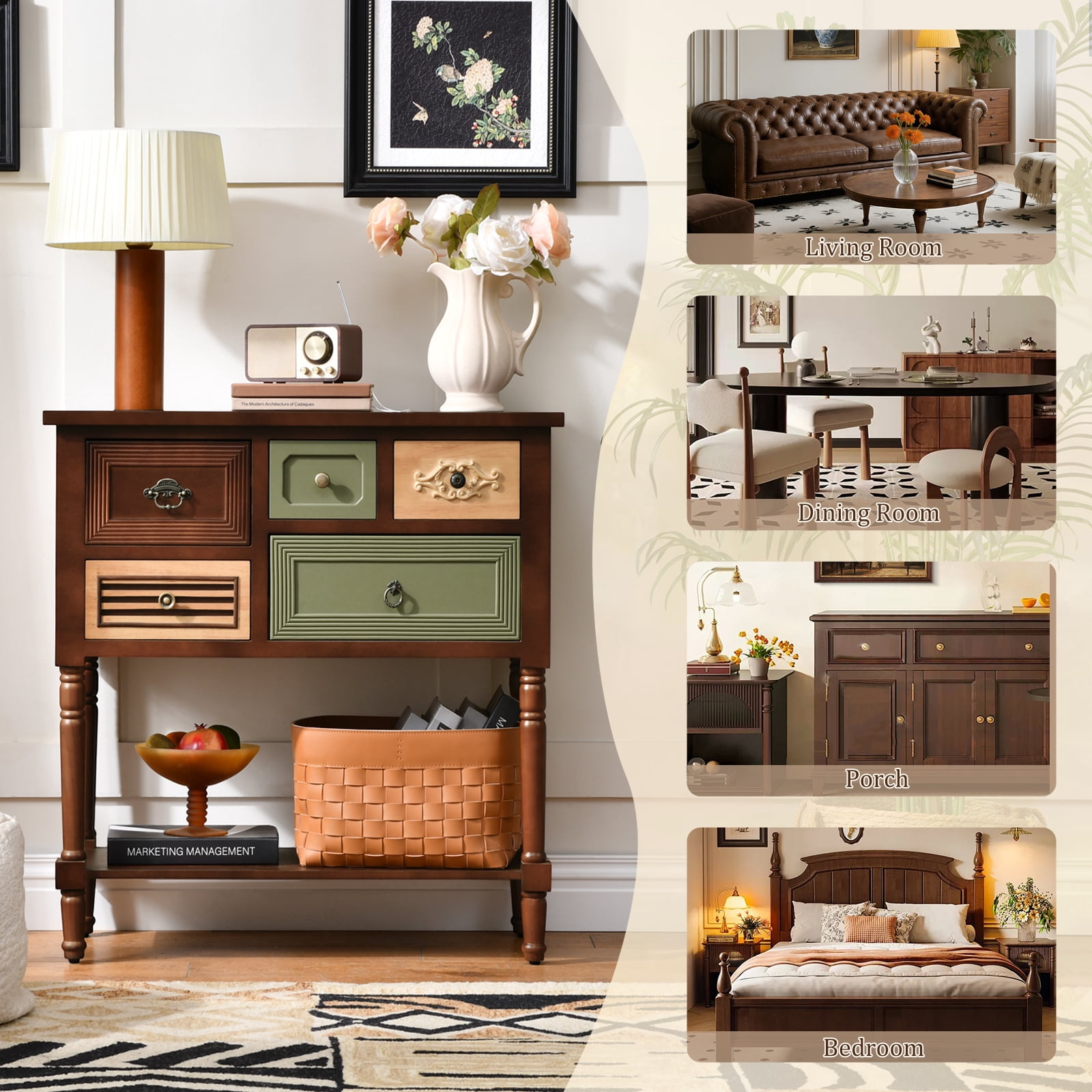Ahokua Vintage Console Table with Multi-Design Drawers, Open Shelf, Decorative Storage for Entryway and Living Room
