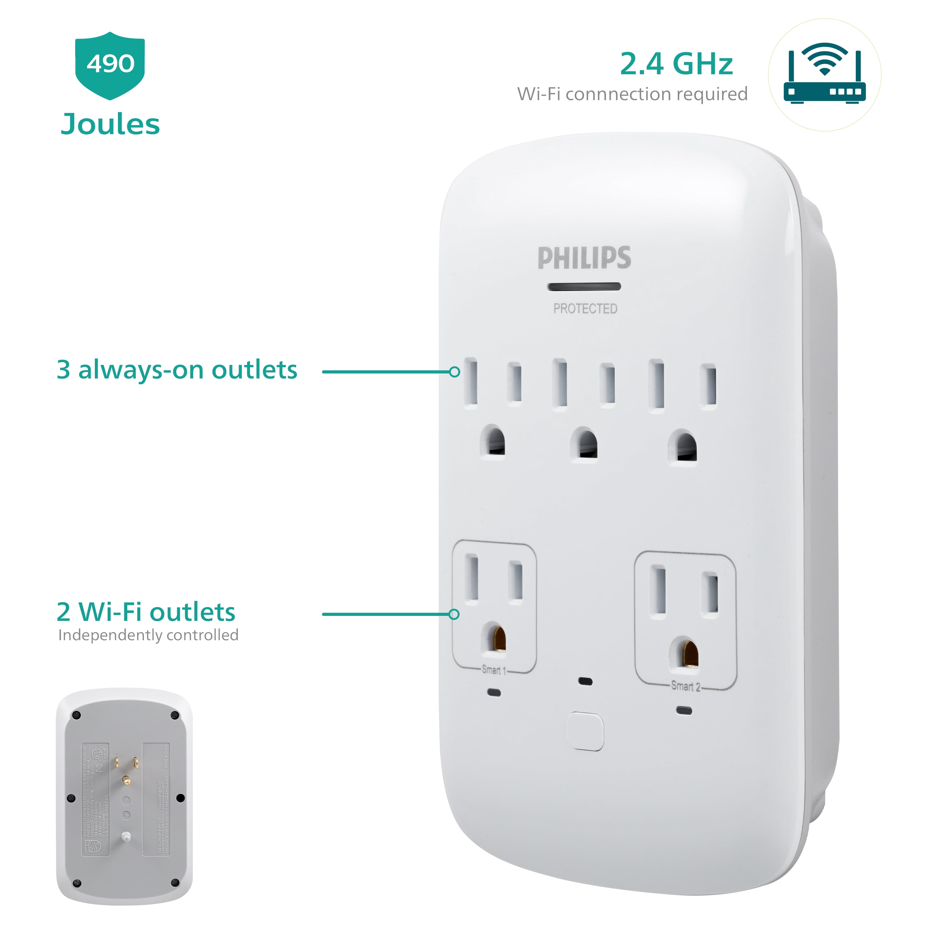 Philips Plug 5-Outlet Surge 490J, White - Walmart.com